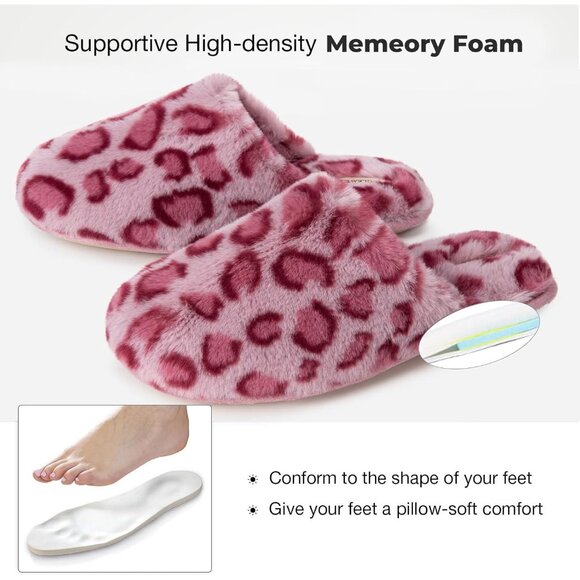 ⚡Women's Cheetah Pink Fuzzy Scuff Slippers Soft Comfy Memory Foam Non Slip - Picture 5 of 6